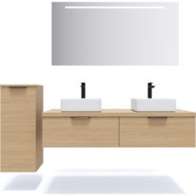 Meuble de salle de bain suspendu 2 vasques à poser 140cm 2 tiroirs Chêne clair + miroir + colonne ouverture gauche - Soho