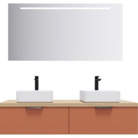 Meuble de salle de bain suspendu 2 vasques à poser 140cm 2 tiroirs Terracotta + miroir - Soho