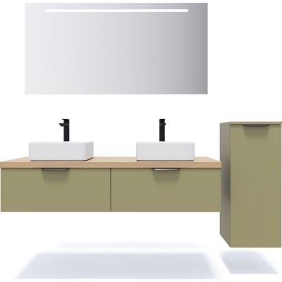 Meuble de salle de bain suspendu 2 vasques à poser 140cm 2 tiroirs Vert olive + miroir + colonne ouverture droite - Soho