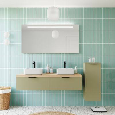 Meuble de salle de bain suspendu 2 vasques à poser 140cm 2 tiroirs Vert olive + miroir + colonne ouverture droite - Soho