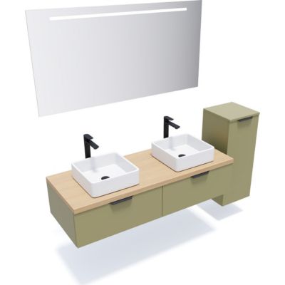 Meuble de salle de bain suspendu 2 vasques à poser 140cm 2 tiroirs Vert olive + miroir + colonne ouverture droite - Soho