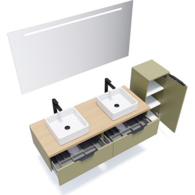 Meuble de salle de bain suspendu 2 vasques à poser 140cm 2 tiroirs Vert olive + miroir + colonne ouverture droite - Soho