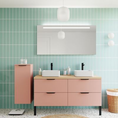 Meuble de salle de bain suspendu 2 vasques à poser 140cm 4 tiroirs Abricot + miroir + colonne ouverture gauche - Soho