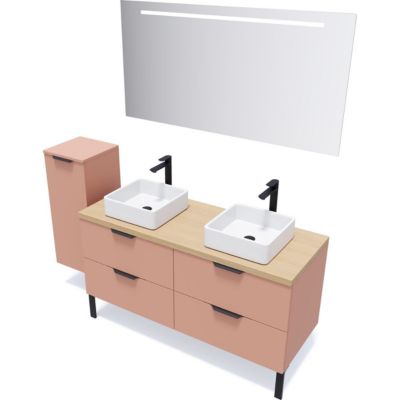 Meuble de salle de bain suspendu 2 vasques à poser 140cm 4 tiroirs Abricot + miroir + colonne ouverture gauche - Soho