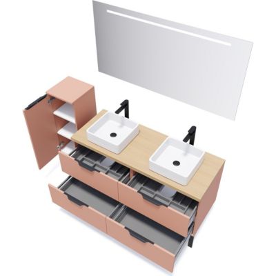 Meuble de salle de bain suspendu 2 vasques à poser 140cm 4 tiroirs Abricot + miroir + colonne ouverture gauche - Soho