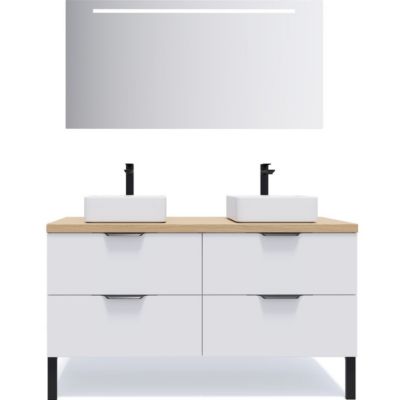 Meuble de salle de bain suspendu 2 vasques à poser 140cm 4 tiroirs Blanc + miroir - Soho