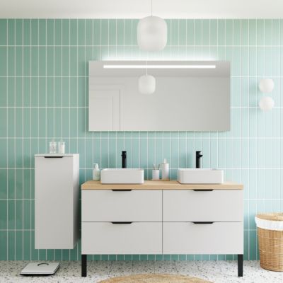 Meuble de salle de bain suspendu 2 vasques à poser 140cm 4 tiroirs Blanc + miroir - Soho