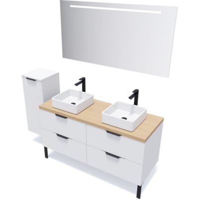 Meuble de salle de bain suspendu 2 vasques à poser 140cm 4 tiroirs Blanc + miroir - Soho