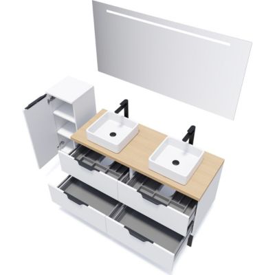 Meuble de salle de bain suspendu 2 vasques à poser 140cm 4 tiroirs Blanc + miroir - Soho