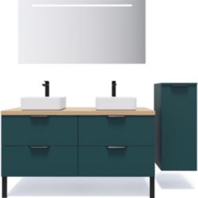 Meuble de salle de bain suspendu 2 vasques à poser 140cm 4 tiroirs Bleu + miroir + colonne ouverture droite - Soho