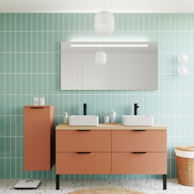 Meuble de salle de bain suspendu 2 vasques à poser 140cm 4 tiroirs Terracotta + miroir + colonne ouverture gauche - Soho
