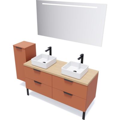 Meuble de salle de bain suspendu 2 vasques à poser 140cm 4 tiroirs Terracotta + miroir + colonne ouverture gauche - Soho