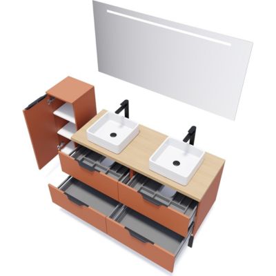 Meuble de salle de bain suspendu 2 vasques à poser 140cm 4 tiroirs Terracotta + miroir + colonne ouverture gauche - Soho