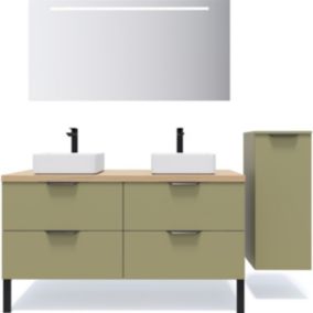 Meuble de salle de bain suspendu 2 vasques à poser 140cm 4 tiroirs Vert olive + miroir + colonne ouverture droite - Soho