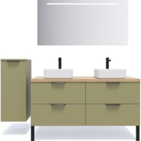 Meuble de salle de bain suspendu 2 vasques à poser 140cm 4 tiroirs Vert olive + miroir + colonne ouverture gauche - Soho