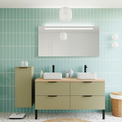 Meuble de salle de bain suspendu 2 vasques à poser 140cm 4 tiroirs Vert olive + miroir + colonne ouverture gauche - Soho