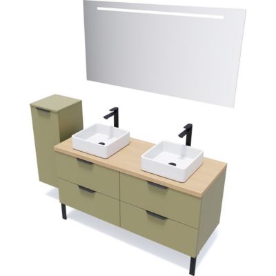 Meuble de salle de bain suspendu 2 vasques à poser 140cm 4 tiroirs Vert olive + miroir + colonne ouverture gauche - Soho