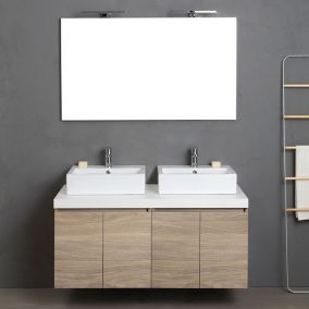 Meuble De Salle De Bain Suspendu 4 Portes Chêne Naturel, Plateau Blanc, 2 Lavabos Décoratifs Et Miroir Avec Lampe - Valentina