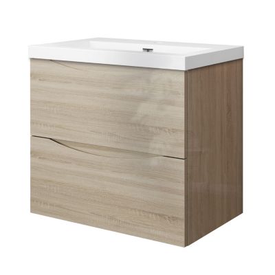 Meuble de salle de bain suspendu 60 cm, 2 tiroirs, avec vasque blanche,MDF chêne