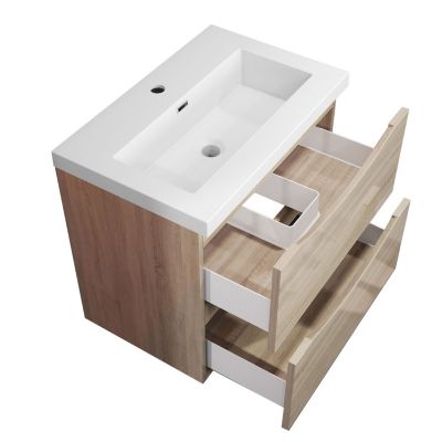 Meuble de salle de bain suspendu 60 cm, 2 tiroirs, avec vasque blanche,MDF chêne