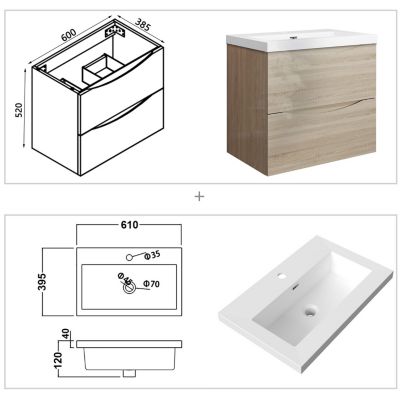 Meuble de salle de bain suspendu 60 cm, 2 tiroirs, avec vasque blanche,MDF chêne