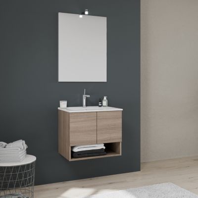 Meuble De Salle De Bain Suspendu 60Cm, 2 Portes En Chêne Naturel, Venezia