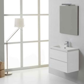 Meuble de salle de bain suspendu 60cm 2 tiroirs blanc, lavabo en résine et miroir 60x70 - manhattan