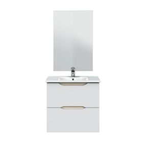 Meuble de salle de bain suspendu 60cm avec 2 tiroirs + miroir coloris blanc - Longueur 60  x Profondeur 45 x Hauteur 57 cm