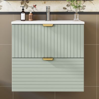 Meuble de salle de bain suspendu 61x46x57 cm - Vasque intégrée - 2 tiroirs - MDF entièrement peint - Vert menthe