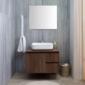 Meuble de salle de bain suspendu 75cm noyer foncé, lavabo à poser, miroir 70x80  - siena