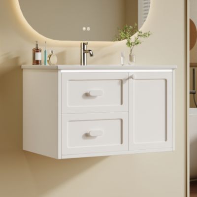 Meuble de salle de bain suspendu 76x46x51 cm - Vasque intégrée - 2 tiroirs et 1 porte - Avec LED - Finition laquée - Blanc