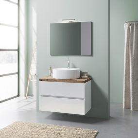 Meuble de salle de bain suspendu 80 cm blanc brillant, plateau en chêne naturel, lavabo et miroir - elba