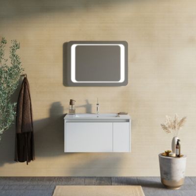 Meuble De Salle De Bain Suspendu 80 Cm Blanc Mat Avec Miroir Led 60X80 - Monaco