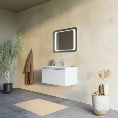 Meuble De Salle De Bain Suspendu 80 Cm Blanc Mat Avec Miroir Led 60X80 - Monaco