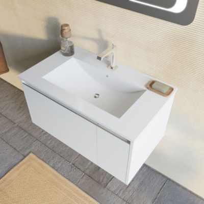 Meuble De Salle De Bain Suspendu 80 Cm Blanc Mat Avec Miroir Led 60X80 - Monaco