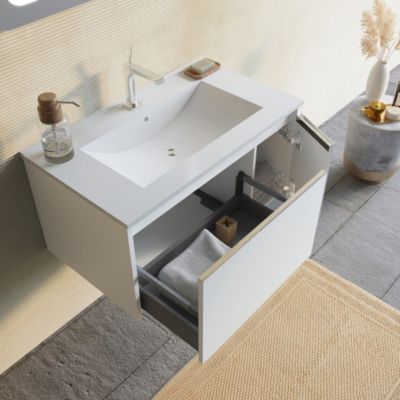 Meuble De Salle De Bain Suspendu 80 Cm Blanc Mat Avec Miroir Led 60X80 - Monaco
