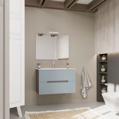 Meuble De Salle De Bain Suspendu 80Cm 2 Tiroirs Couleur Bleu Mat Et Chêne - Magnolia