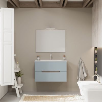 Meuble De Salle De Bain Suspendu 80Cm 2 Tiroirs Couleur Bleu Mat Et Chêne - Magnolia