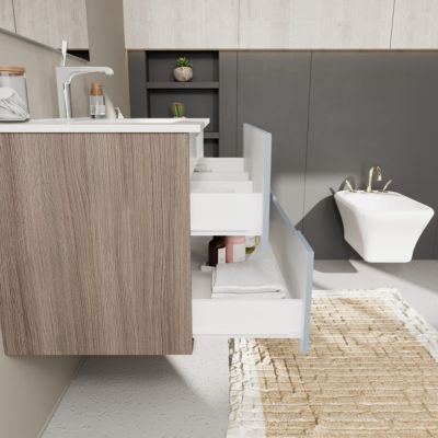 Meuble De Salle De Bain Suspendu 80Cm 2 Tiroirs Couleur Bleu Mat Et Chêne - Magnolia