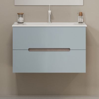 Meuble De Salle De Bain Suspendu 80Cm 2 Tiroirs Couleur Bleu Mat Et Chêne - Magnolia