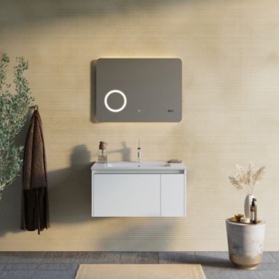 Meuble De Salle De Bain Suspendu 80Cm Blanc Mat Miroir 80X60 Touch Led - Monaco