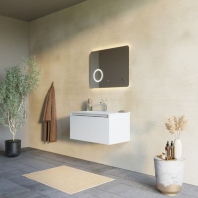 Meuble De Salle De Bain Suspendu 80Cm Blanc Mat Miroir 80X60 Touch Led - Monaco
