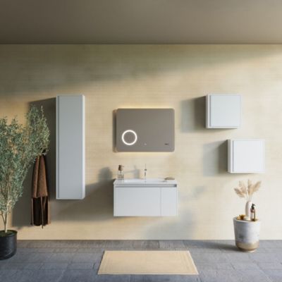 Meuble De Salle De Bain Suspendu 80Cm Blanc Mat Miroir 80X60 Touch Led - Monaco