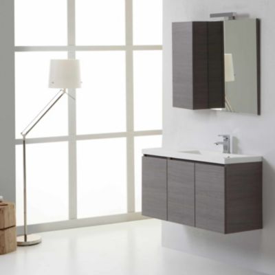 Meuble De Salle De Bain Suspendu 90 Cm Gris 3 Portes, Lavabo Avec Baignoire À Droite, Miroir Avec Armoire À Gauche - Manhattan