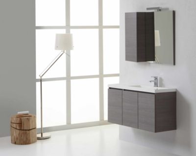 Meuble De Salle De Bain Suspendu 90 Cm Gris 3 Portes, Lavabo Avec Baignoire À Droite, Miroir Avec Armoire À Gauche - Manhattan