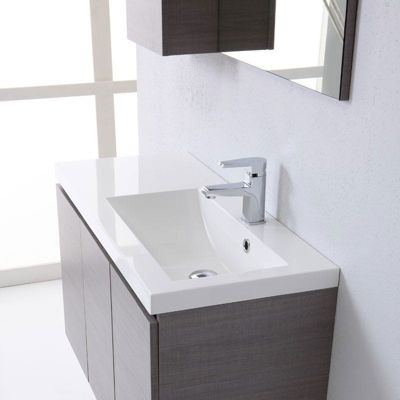 Meuble De Salle De Bain Suspendu 90 Cm Gris 3 Portes, Lavabo Avec Baignoire À Droite, Miroir Avec Armoire À Gauche - Manhattan
