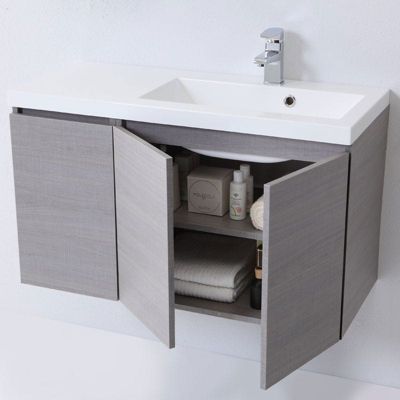 Meuble De Salle De Bain Suspendu 90 Cm Gris 3 Portes, Lavabo Avec Baignoire À Droite, Miroir Avec Armoire À Gauche - Manhattan