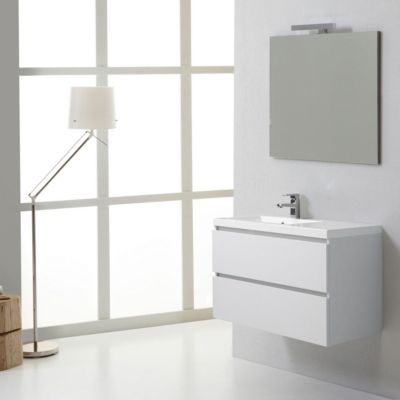 Meuble De Salle De Bain Suspendu 90Cm 2 Tiroirs Blanc Forêt, Lavabo À Gauche, Miroir 90X70 - Manhattan