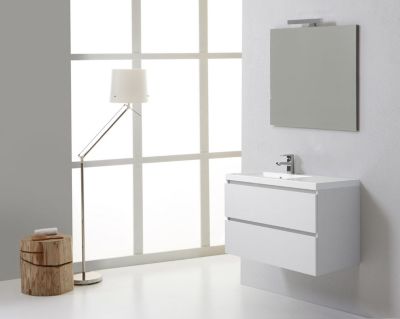 Meuble De Salle De Bain Suspendu 90Cm 2 Tiroirs Blanc Forêt, Lavabo À Gauche, Miroir 90X70 - Manhattan
