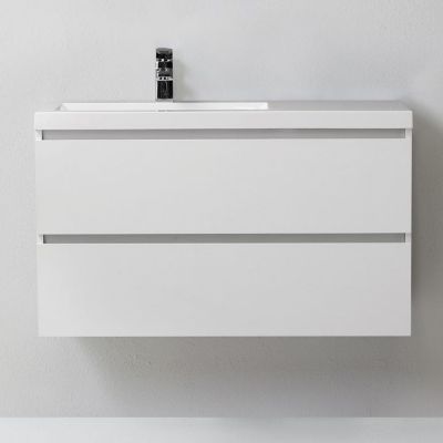 Meuble De Salle De Bain Suspendu 90Cm 2 Tiroirs Blanc Forêt, Lavabo À Gauche, Miroir 90X70 - Manhattan